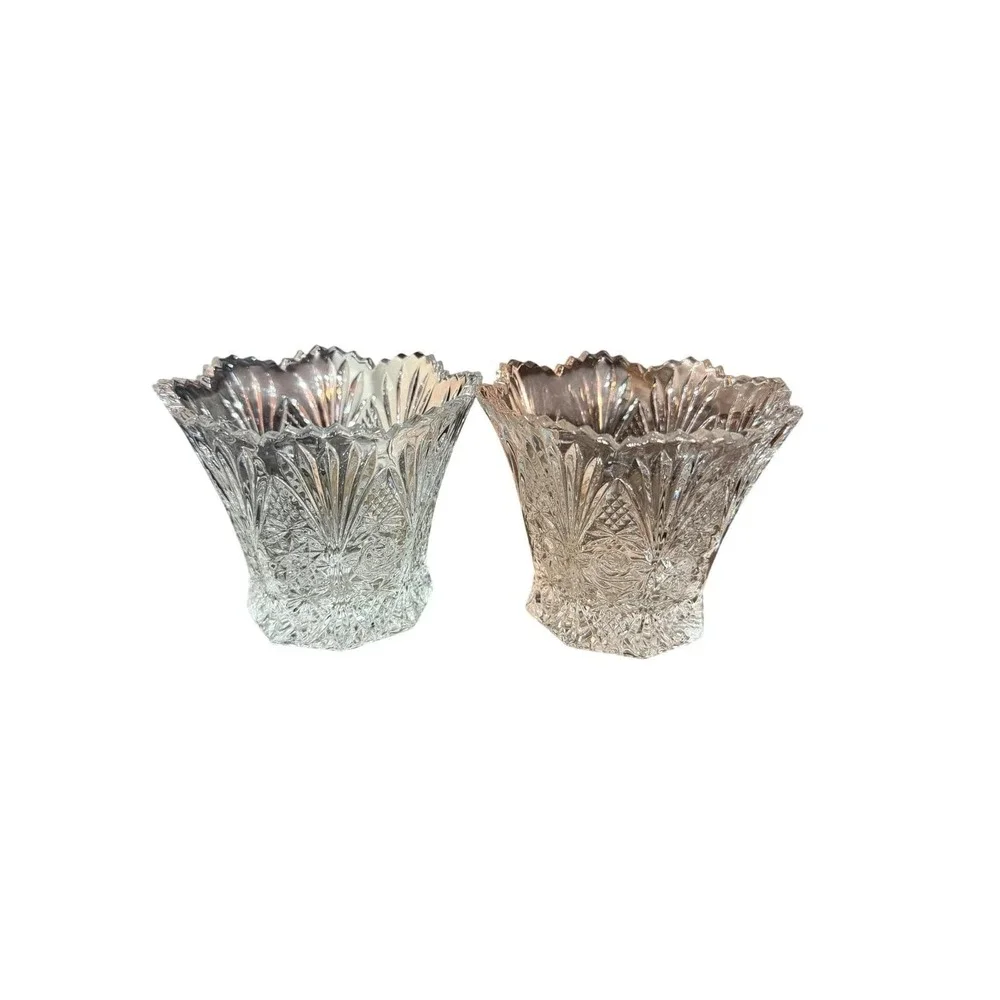 Vintage Clear Pressed Glass Rose Starburst Votive Candle Holder‎ Set of 2 Vases